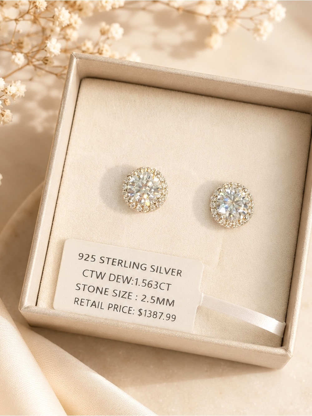Sterling Silver 925 Round Halo Stud Earrings - Moissanite 1.563ct GRA certified